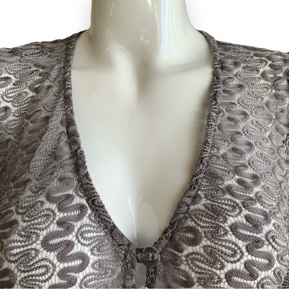 ZOE OPEN LACE LONG GREY METALLIC CARDIGAN. WOMEN’S SIZE MEDIUM - Picture 5 of 10